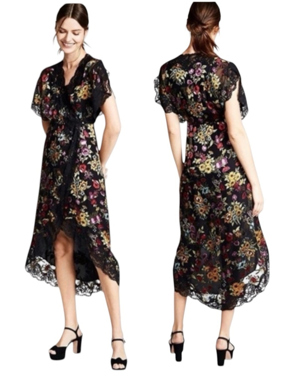 Alice + Olivia Adele Floral Wrap Midi Dress with Lace Trim Black Size 2